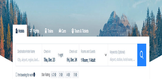 Find hotels, flights or another service by typing your destination.